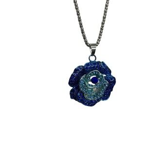 Vintage 80s Betsey Johnson Blue Rose Flower Charm Pendant Necklace